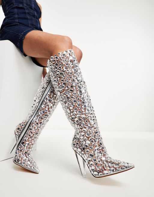 Azalea Wang – Honey – Verzierte, kniehohe Stiefel in Silber