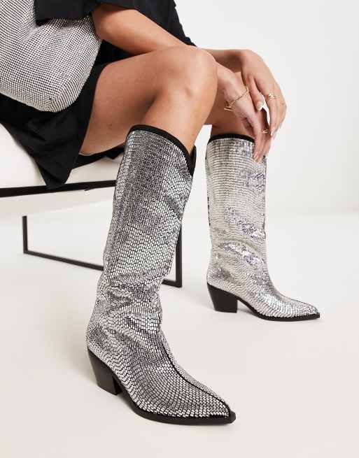 Azalea Wang Ingrid mirrored knee western boots in silver, 2 of 4