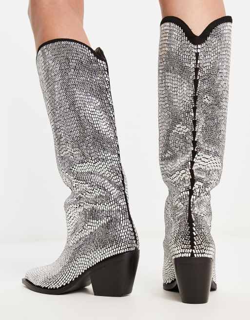 Azalea Wang Ingrid mirrored knee western boots in silver