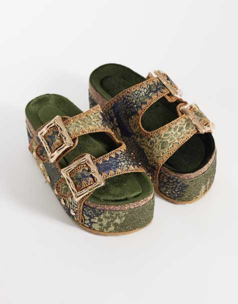 Azalea Wang Jainna flatform buckle sandals in brown and green - view 1