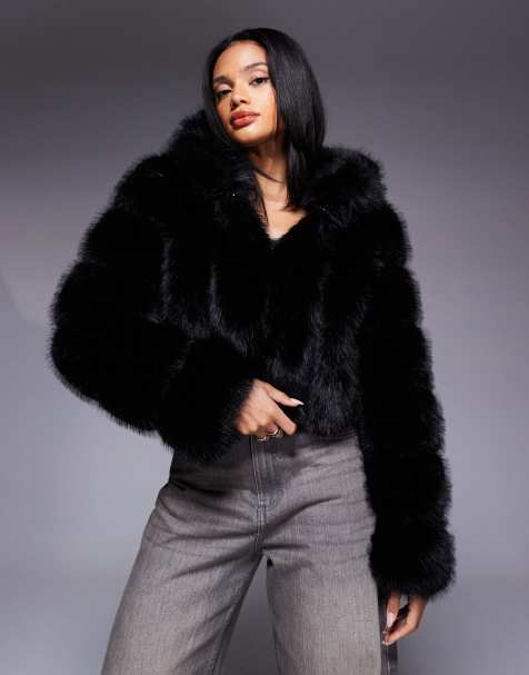 Azalea Wang Jolene cropped faux fur coat with hood in black - view 1