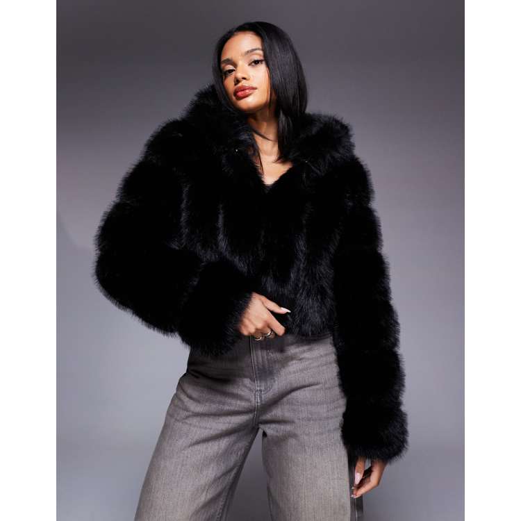 Azalea Wang Jolene cropped faux fur coat with hood in black | ASOS