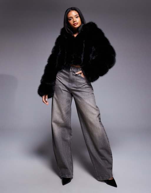 Azalea Wang Jolene cropped faux fur coat with hood in black, 2 of 4
