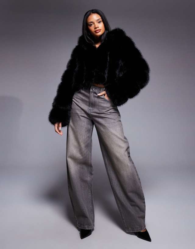 Azalea Wang Jolene cropped faux fur coat with hood in black | ASOS