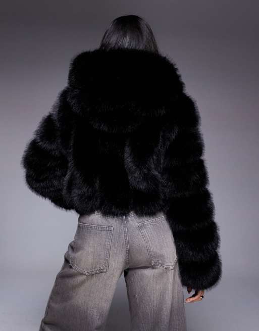 Azalea Wang Jolene cropped faux fur coat with hood in black, 4 of 4