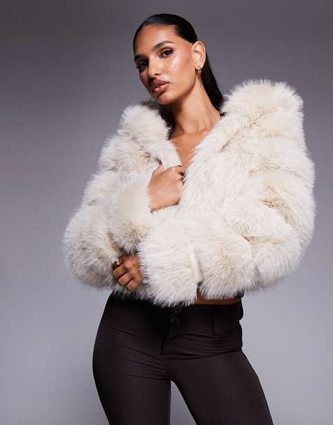 Azalea Wang Jolene cropped faux fur coat with hood in cream - view 1