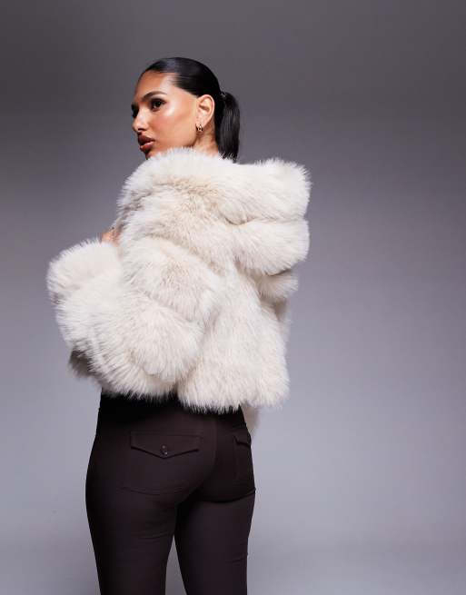 Azalea Wang Jolene cropped faux fur coat with hood in cream | ASOS