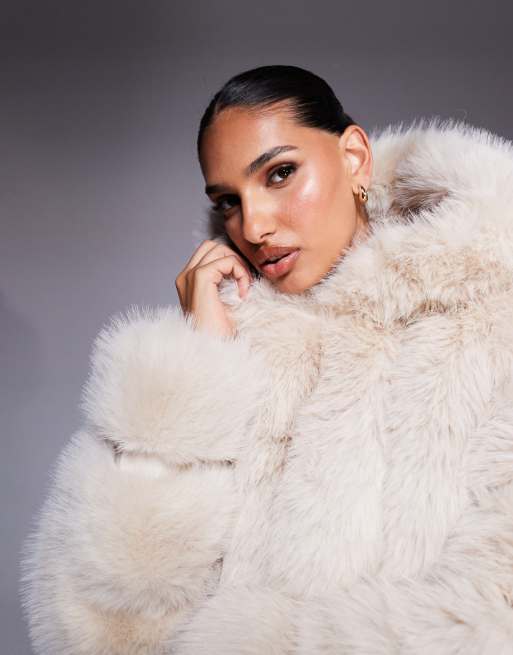 Azalea Wang Jolene cropped faux fur coat with hood in cream | ASOS