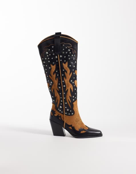 Azalea Wang - Kalpana - Bottes montantes ornementées style western - Noir/orange - view 1