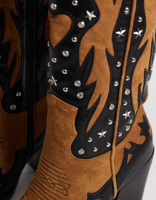 Azalea Wang Kalpana embellished western knee boots in black and orange, 4 of 4