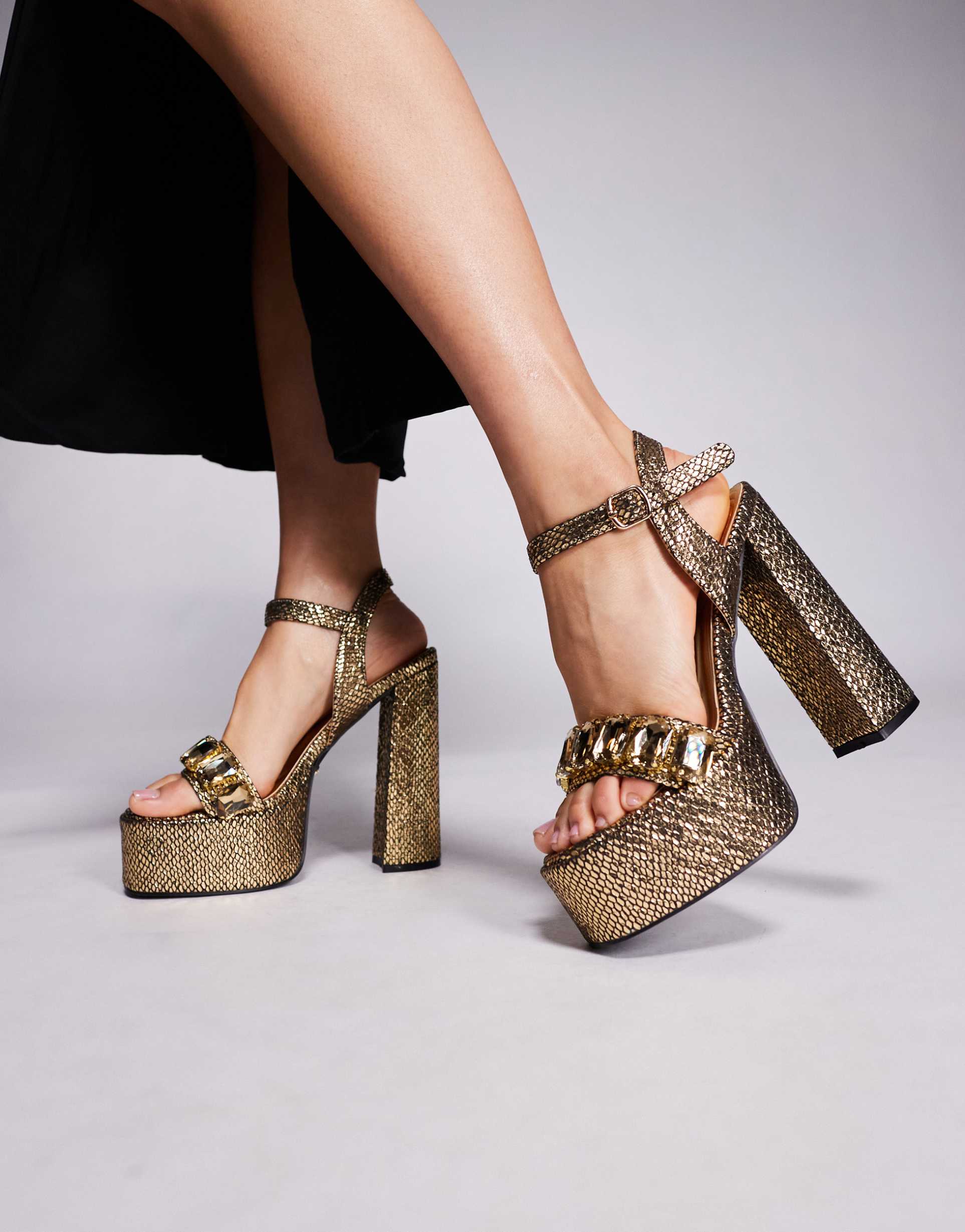 azalea wang kamilla chunky embellished platform heels in gold