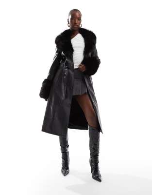 AZALEA WANG Kaya trench coat with faux fur trim in black