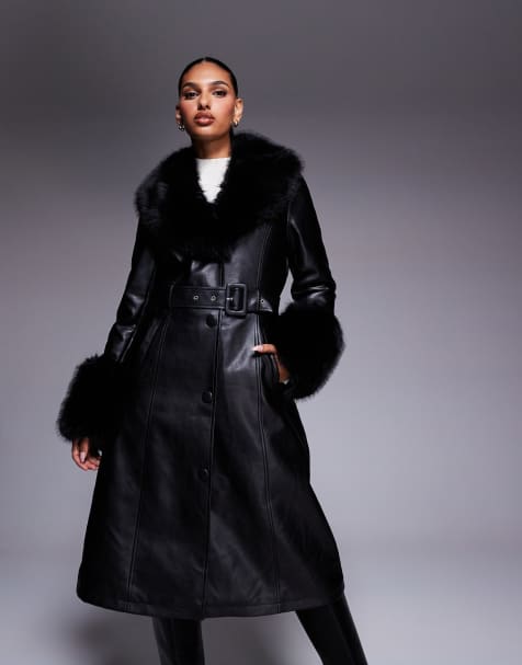 Azalea Wang Kaya trench coat with faux fur trim in black faux leather - view 1