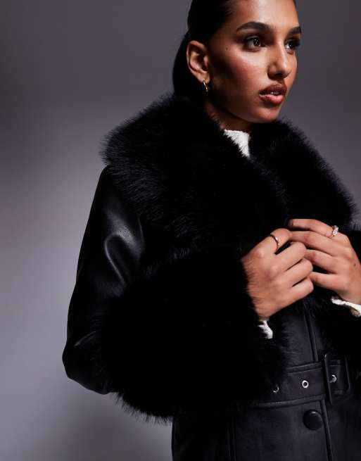 Azalea Wang Kaya trench coat with faux fur trim in black faux