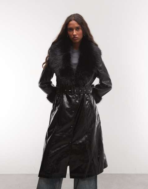 Azalea Wang Kaya trench coat with faux fur trim in black - view 1