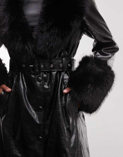 Azalea Wang Kaya trench coat with faux fur trim in black, 4 of 4