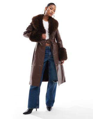 AZALEA WANG Kaya trench coat with faux fur trim in brown