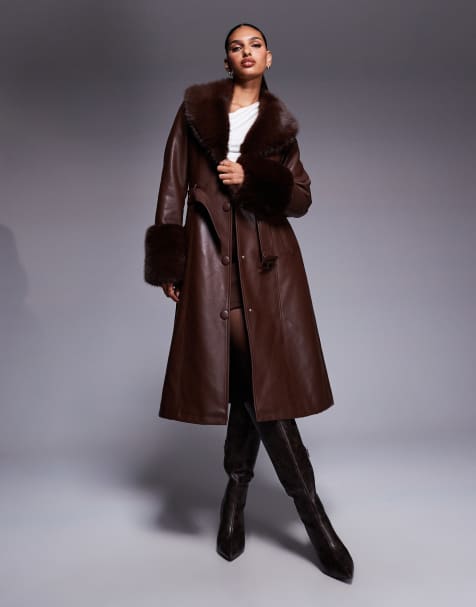 Azalea Wang Kaya trench coat with faux fur trim in brown faux leather - view 1