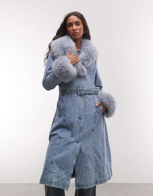 Azalea Wang Kaya trench con bordo in pelliccia sintetica, blu denim chiaro, 2 di 4
