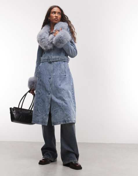 AZALEA WANG Kaya trenchcoat med imiteret pelskant i lyseblå denim - view 1