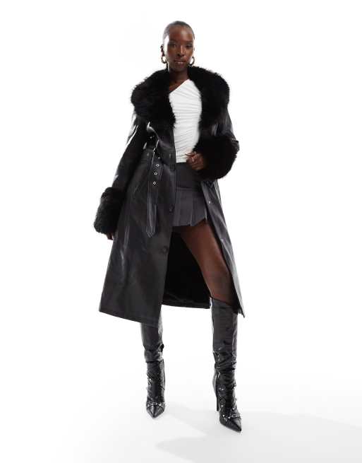 Azalea Wang - Kaya - Trenchcoat met randje van imitatiebont in zwart leer