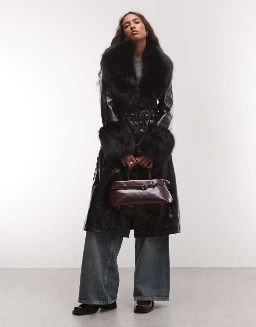 Azalea Wang Kaya Trenchcoat mit Kunstpelzbesatz in Schwarz, 2 von 4