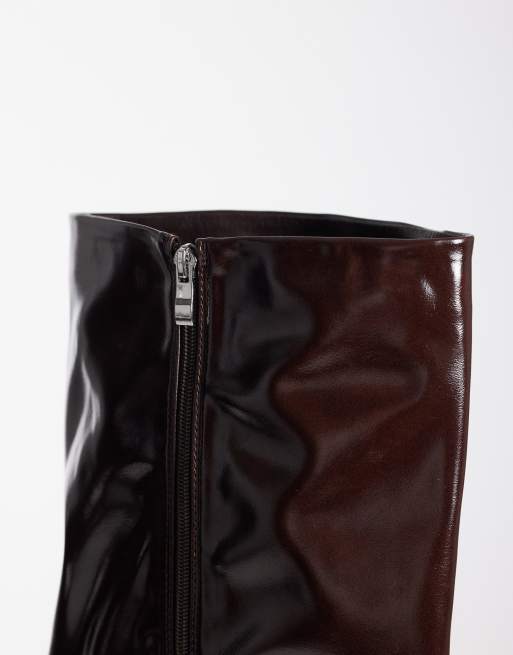 Azalea Wang Kenya wedge knee boots in brown patent, 4 of 4