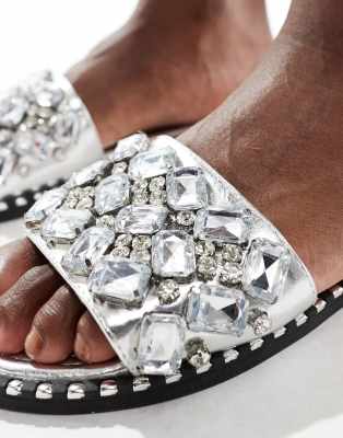 【正規品】Linen Blend Crystal Mules Ambrosia Textured Gem-Embellished Mules - CHARLES & KEITH US