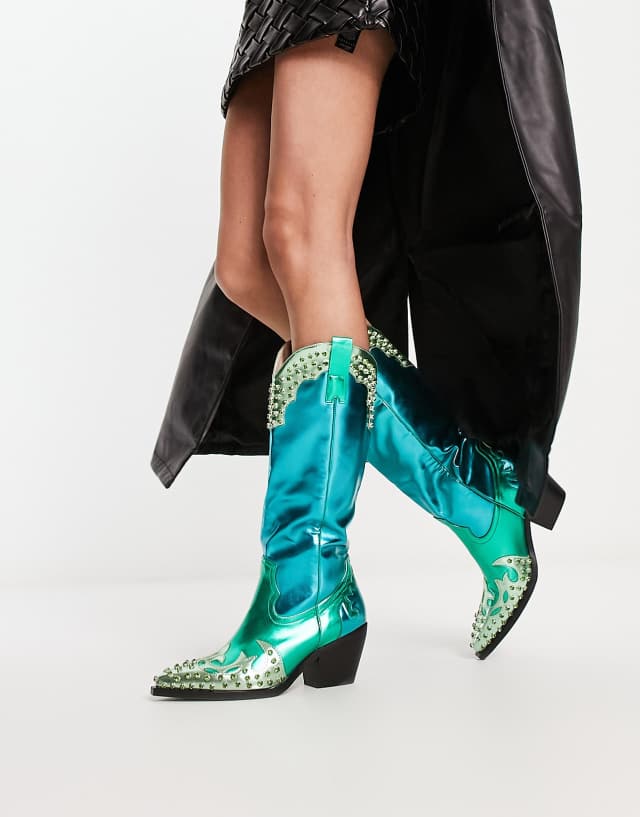 Azalea Wang Knox embellished western boot in blue