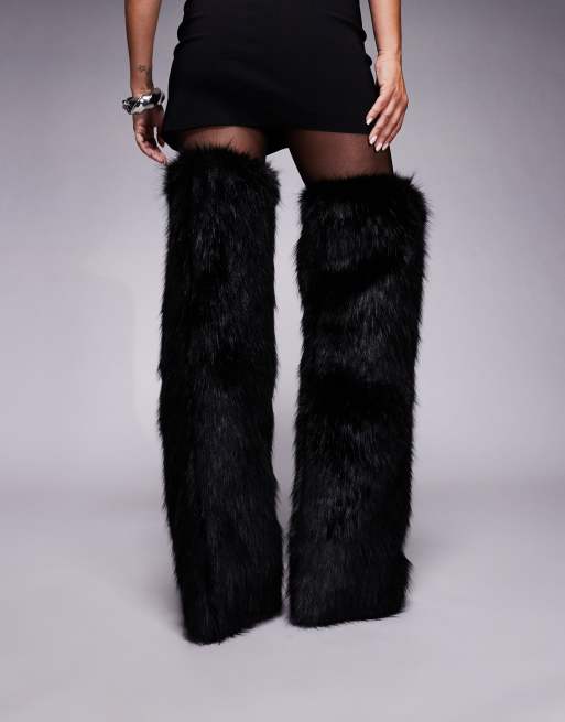 Azalea Wang Langdon faux fur heeled knee boots in black, 3 of 4
