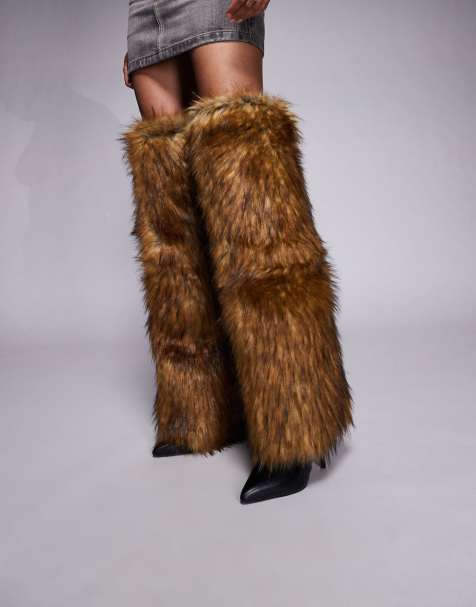 Azalea Wang Langdon faux fur heeled knee boots in brown - view 1
