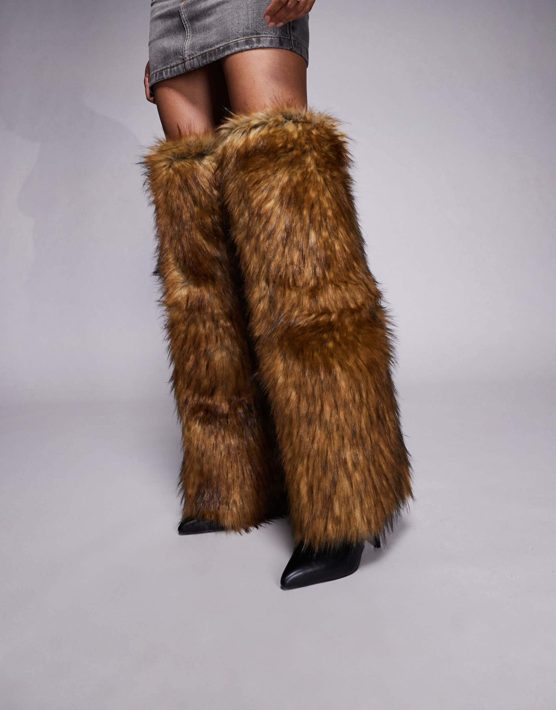 azalea wang langdon faux fur heeled knee boots in brown