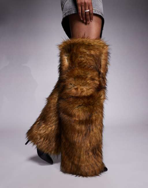 Azalea Wang Langdon faux fur heeled knee boots in brown, 3 of 4