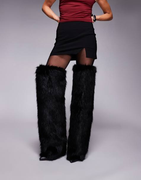 Azalea Wang – Langdon – Kniehohe Stiefel in Schwarz mit Absatz und Kunstpelz-Design - view 1