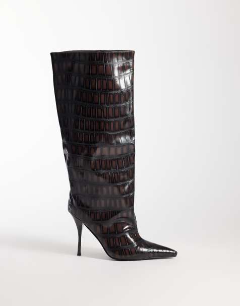 Azalea Wang Laniya pointed cone heel glam knee boots in espresso croc - view 1