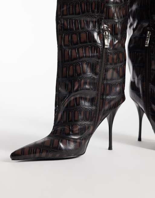 Azalea Wang Laniya pointed cone heel glam knee boots in espresso croc, 2 of 4
