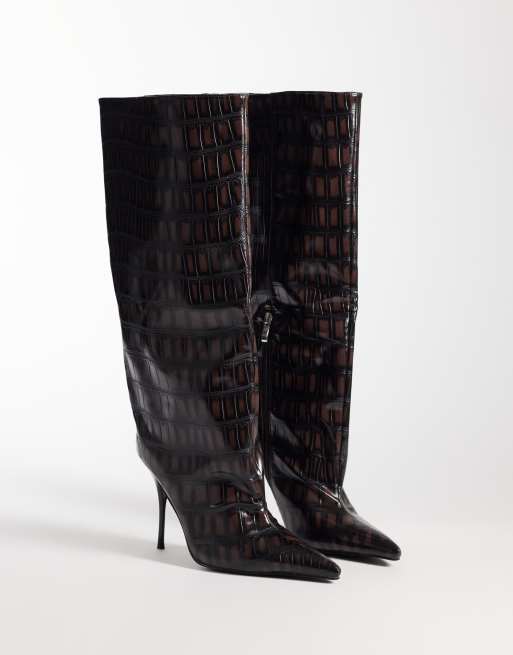 Azalea Wang Laniya pointed cone heel glam knee boots in espresso croc, 3 of 4
