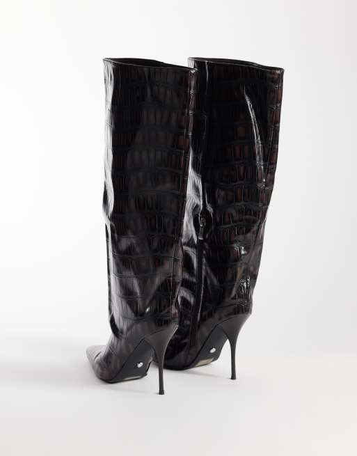 Azalea Wang Laniya pointed cone heel glam knee boots in espresso croc, 4 of 4