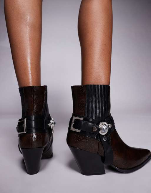 Azalea Wang Lenkov heeled western ankle boots with harness