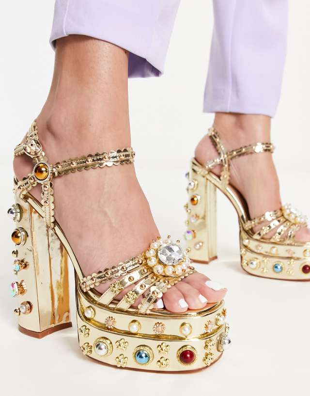 Azalea Wang Lola embellished gold platforms in gold