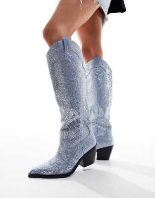 Azalea Wang Louella western knee boot in embellished denim-Blue