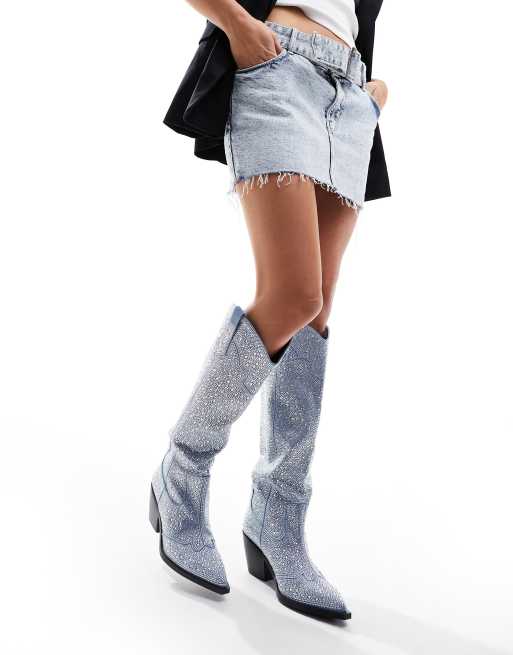 Azalea Wang Louella western knee boot in embellished denim ASOS