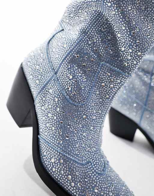 Azalea Wang Louella western knee boot in embellished denim, 4 of 4