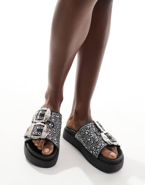 Azalea Wang Lynel embellished sandal with western buckle in black - view 1