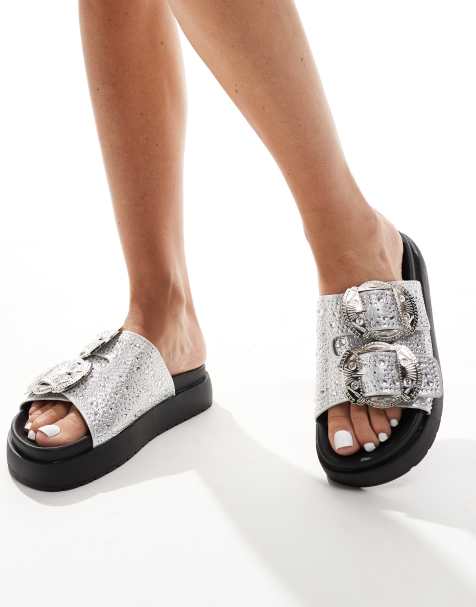 Azalea Wang Lynel embellished sandal with western buckle in silver - view 1
