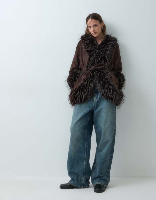 Azalea Wang Maelle faux fur trim short coat in espresso, 3 of 5