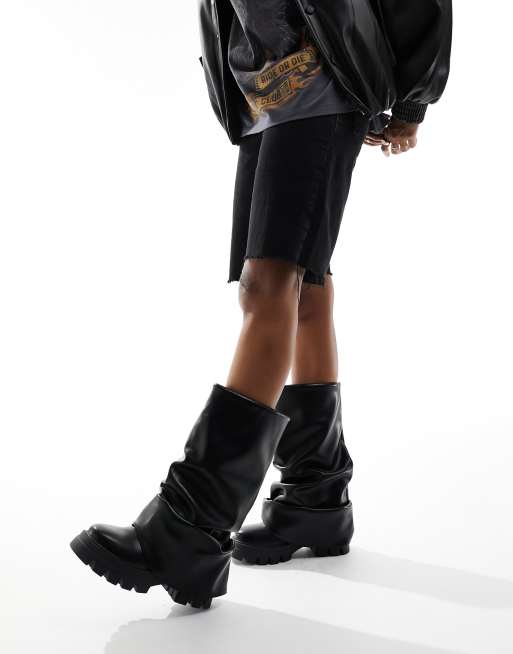 Azalea Wang Mate fold-over knee boots in metallic black | ASOS