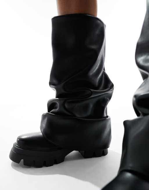 Azalea Wang Mate fold-over knee boots in metallic black | ASOS