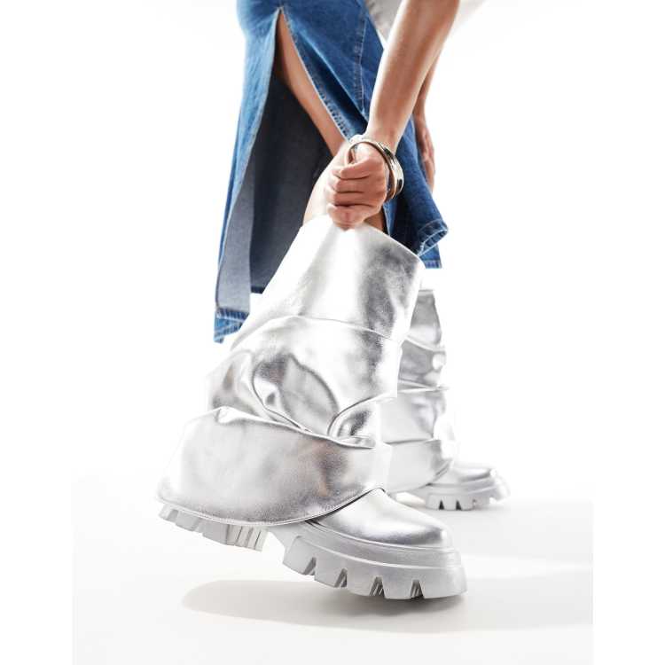Azalea Wang Mate foldover knee boots in metallic silver | ASOS