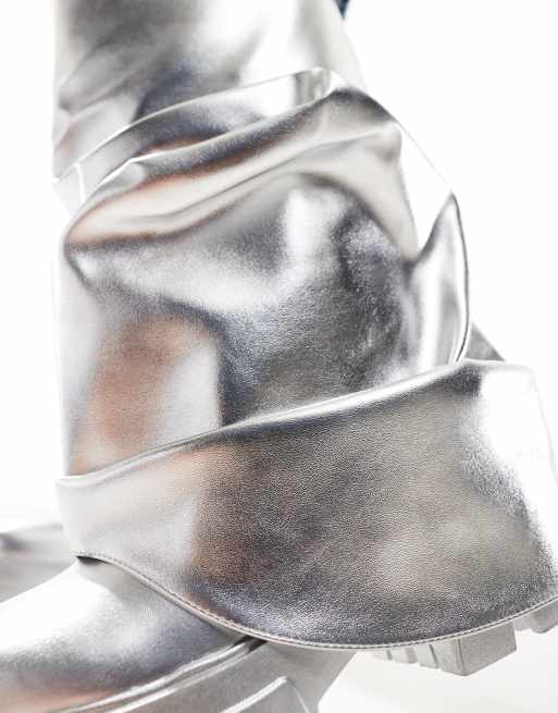 Azalea Wang Mate foldover knee boots in metallic silver | ASOS